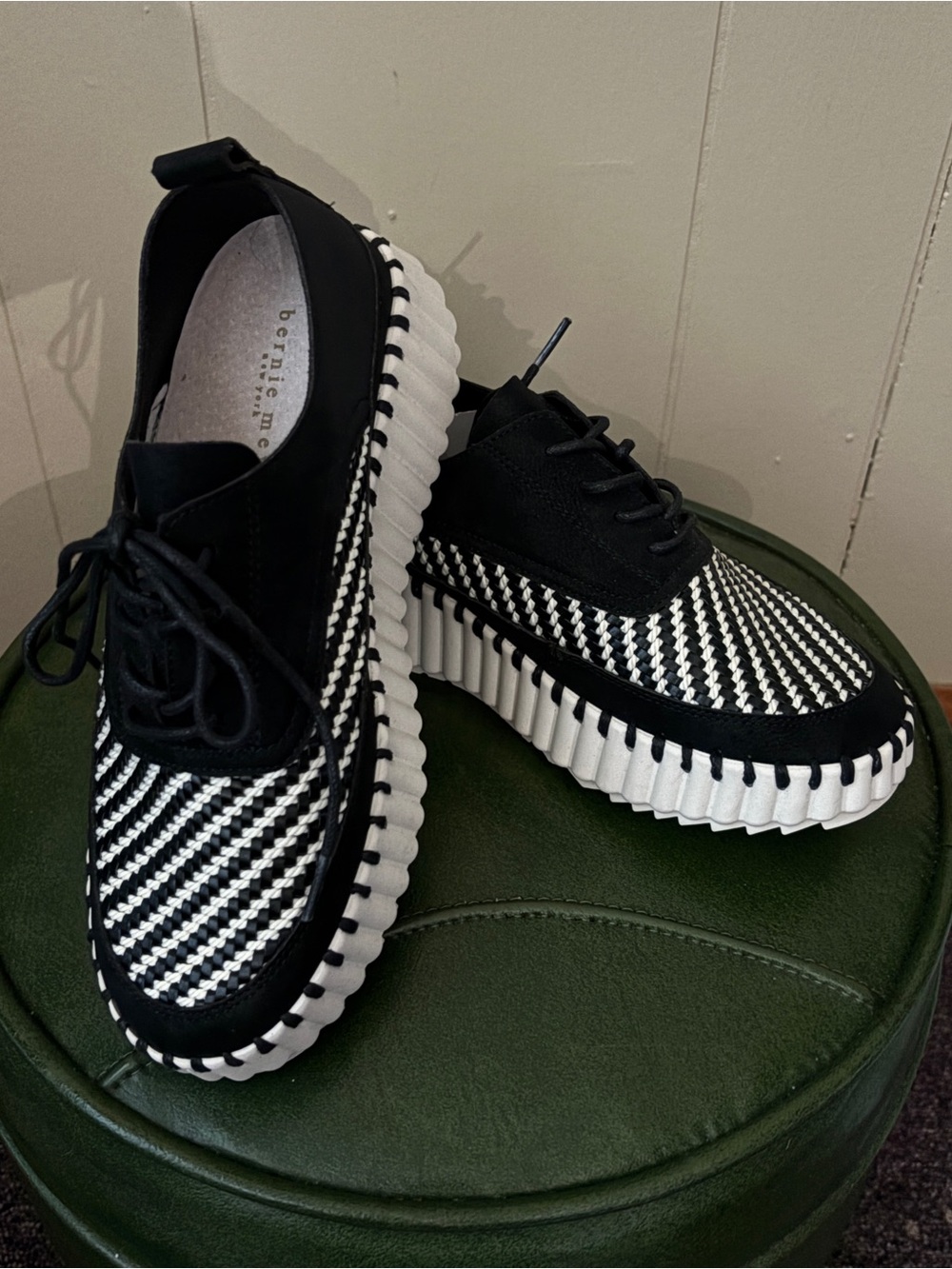 bernie mev. Black & White Woven Platform Lace-Ups